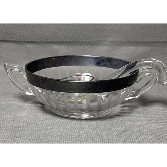1930s Serving Bowl & Mayonnaise Spoon Silver Rim Art Deco Depression Glass UV - Picture 15 of 15